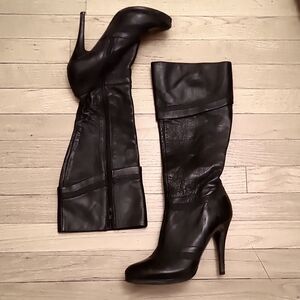 Black Leather Heeled Tall Boots 38